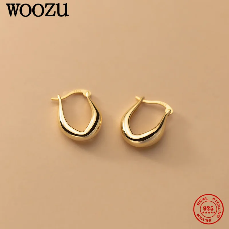 

WOOZU Genuine 925 Sterling Silver Oval Ear Buckle Hoop Earrings For Women Plated 18K Gold Statement Girl Ear Bone Jewelry New