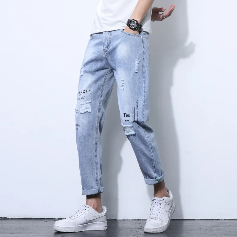 Jeans Personality Men's Ripped Pencil Pants Trend Tide Brand Casual Light Color Nine Points Pants Men's 2022 New Clothing