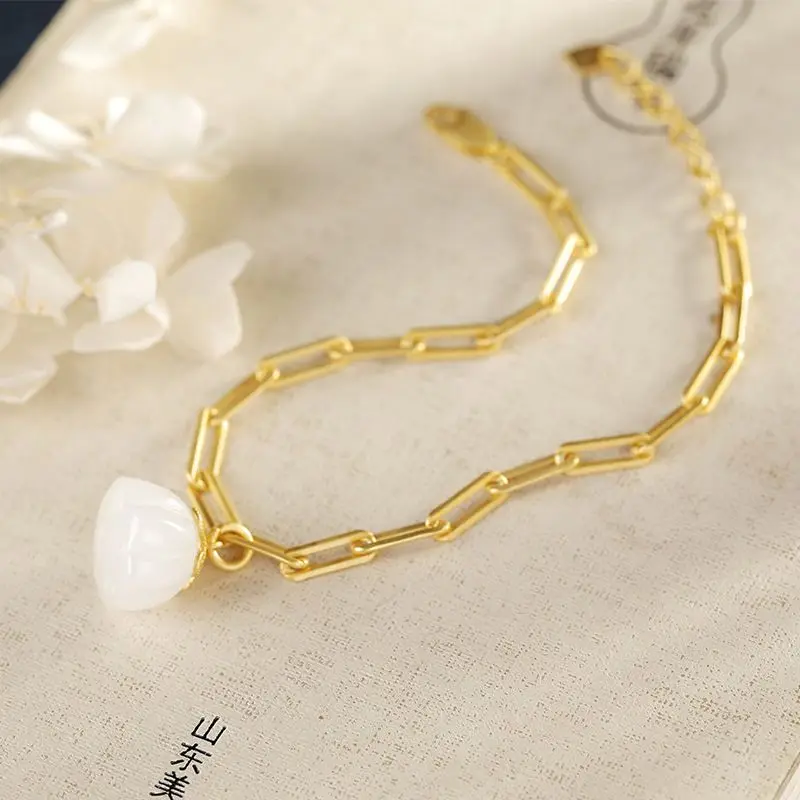 

Natural White Jade Temperament Ancient Style Chinese Style Lotus Seedpod Temperament Wild Bracelet for Women