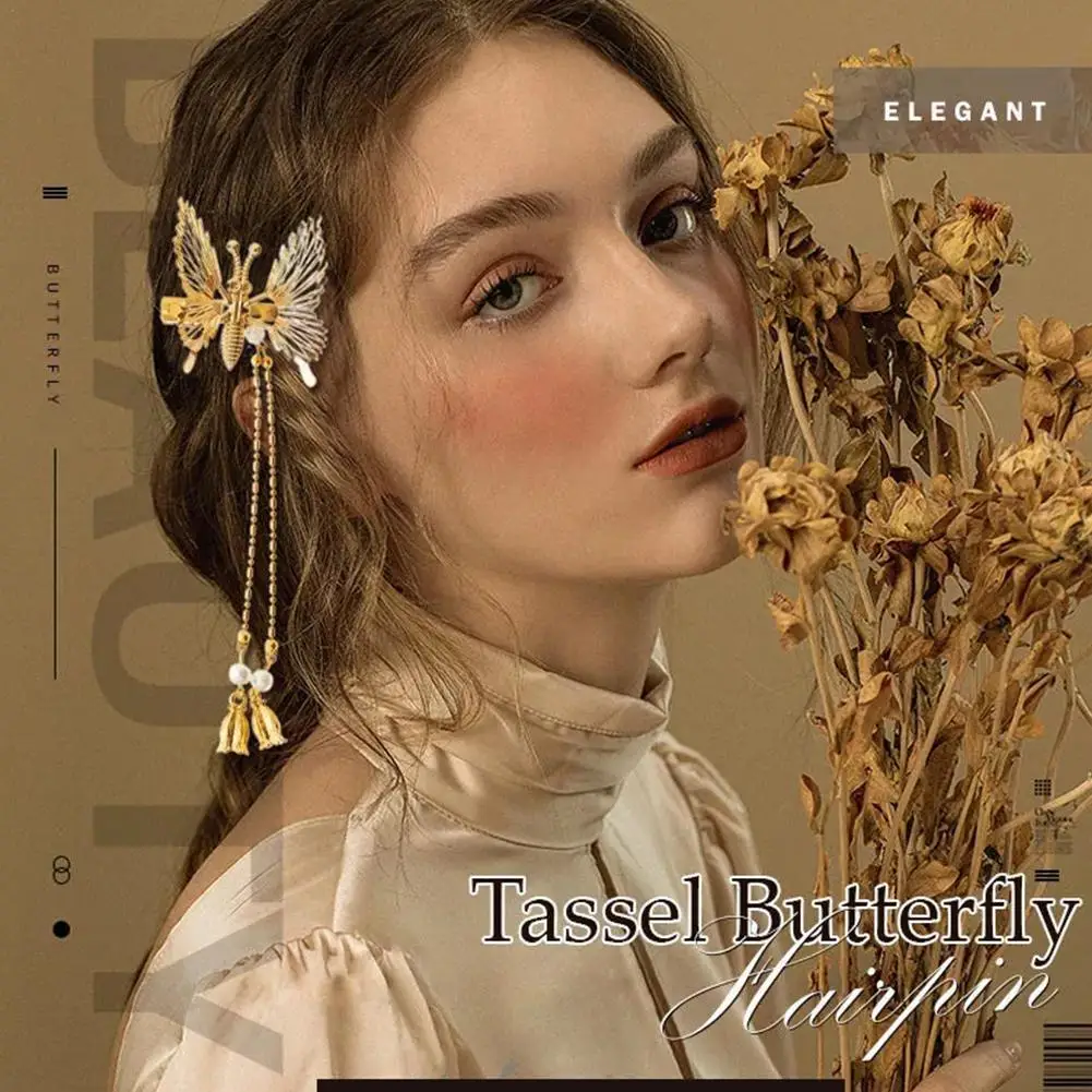 

butterfly hairpin tassel pendant back head hair clip Korean style elegant high quality grip clip