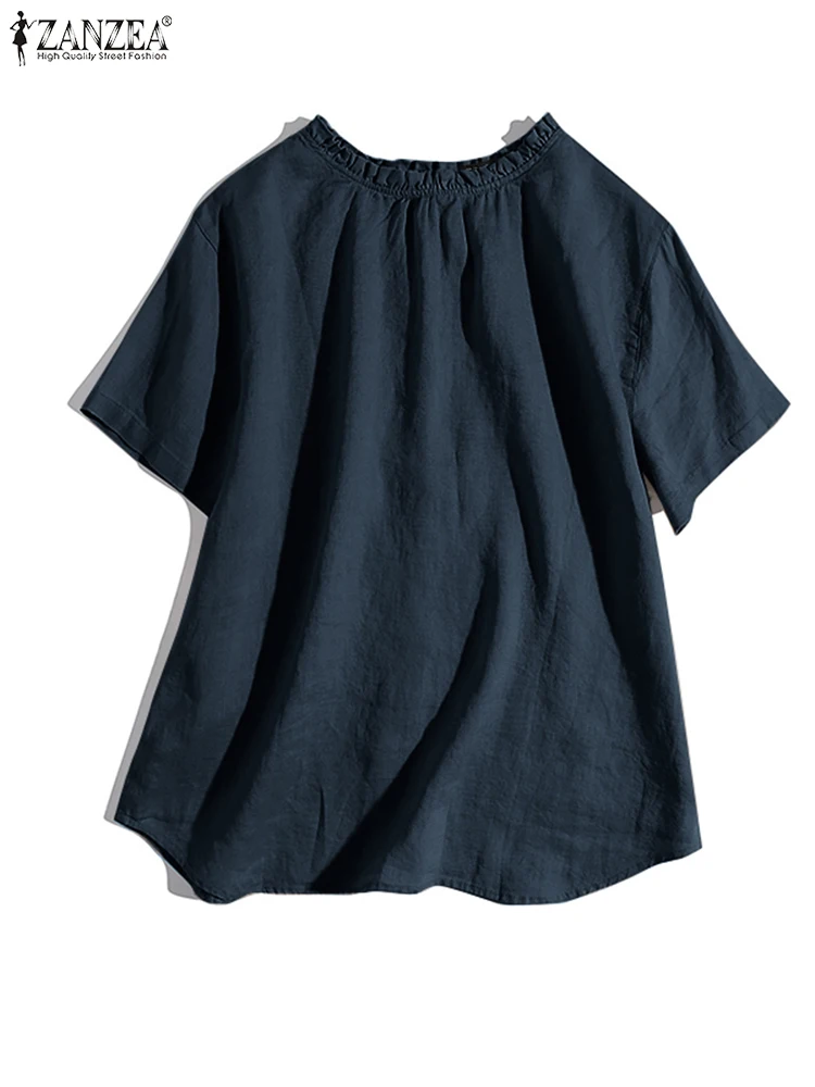 

ZANZEA Casual Loose Stand Collar Blouses Solid Back Buttons Women Summer Smock Tops Short Sleeve Leisure Stringy Selvedge Shirts
