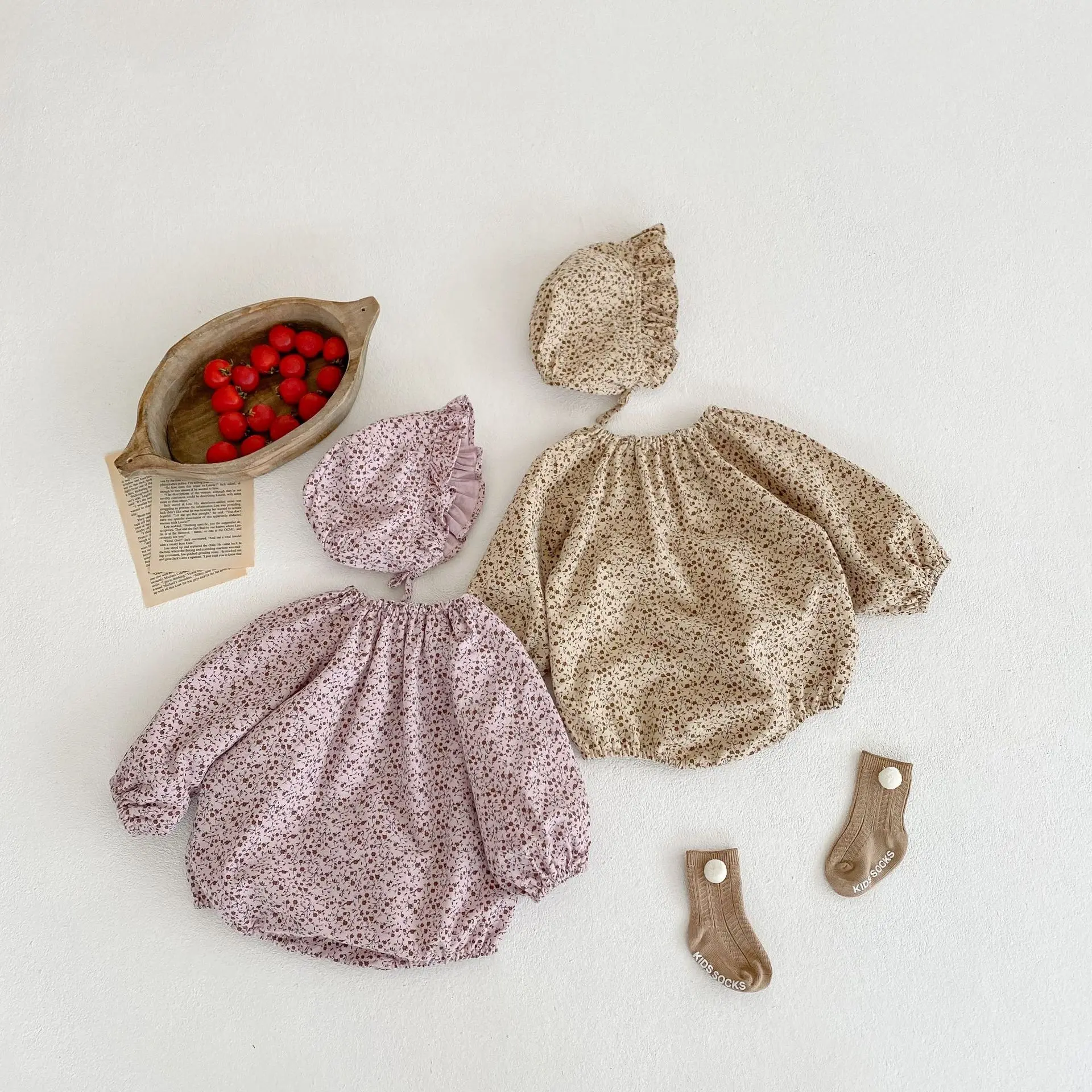 

Fashion Autumn Baby Clothes Toddler Girl Cotton Long Sleeve Rompers + Hat Vintage Floral Outfits For 0-2Y
