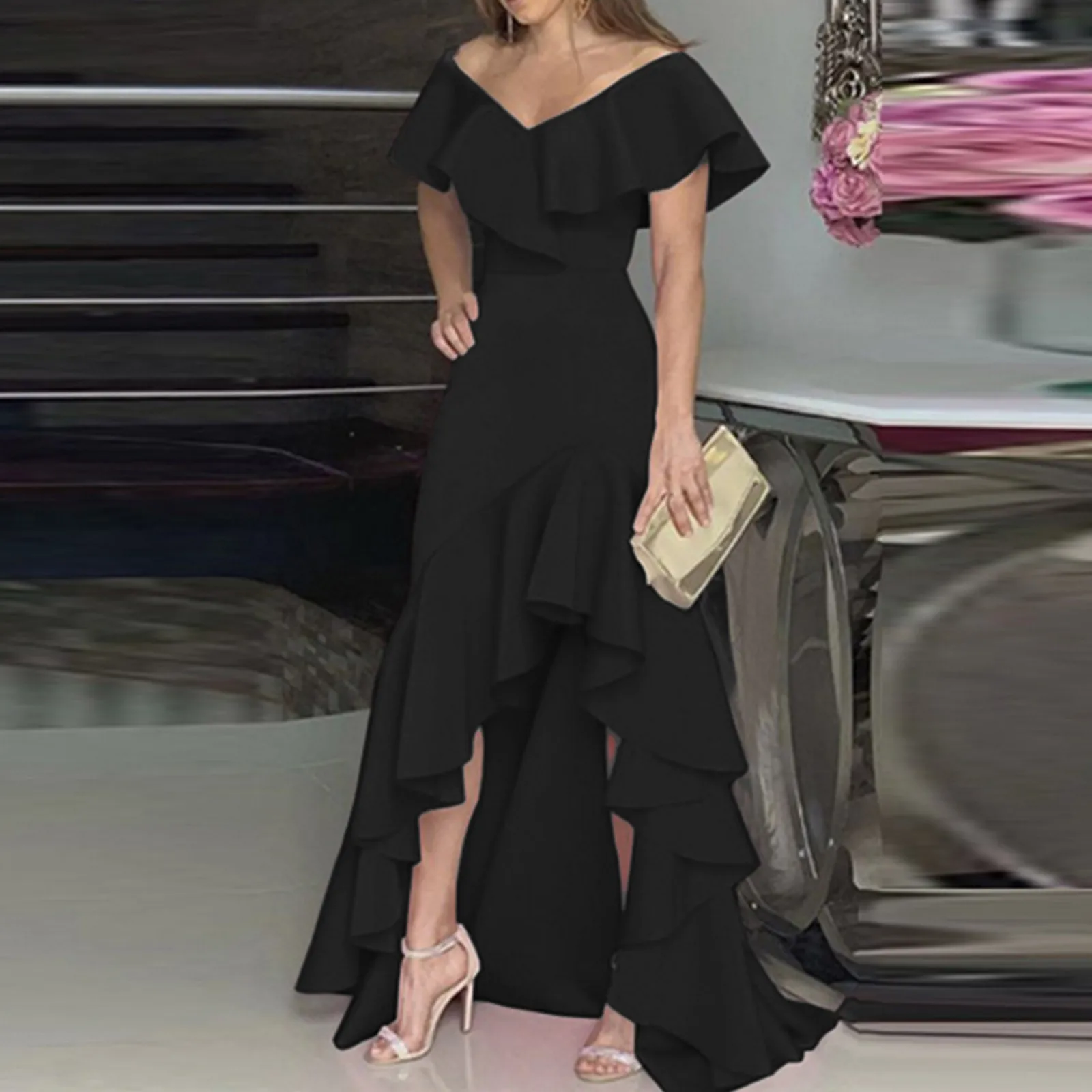 

Two Sided Dress Womens Summer V Neck Party Flowy Ruffle Irregular Long Dress Yellow Maxi Dresses for Women