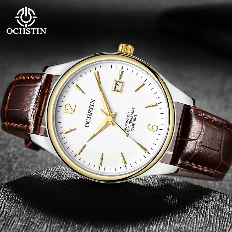 Фото Мужские классические автоматические механические часы OCHSTIN Master Series с автоподзаводом, прочным ремешком из натуральной кожи и светящимися стрелками. №3