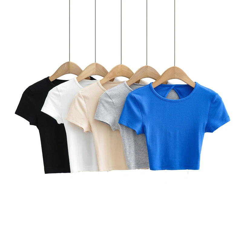 Женский укороченный топ со шнуровкой сзади с коротким рукавом кроп-топ в рубчик