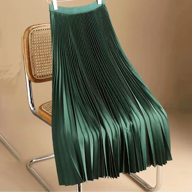 Spring Summer Vintage All-match Solid Color A-line Skirt Elegant Fashion Pleated Folds Long Skirts Streetwear Irregular Skirts