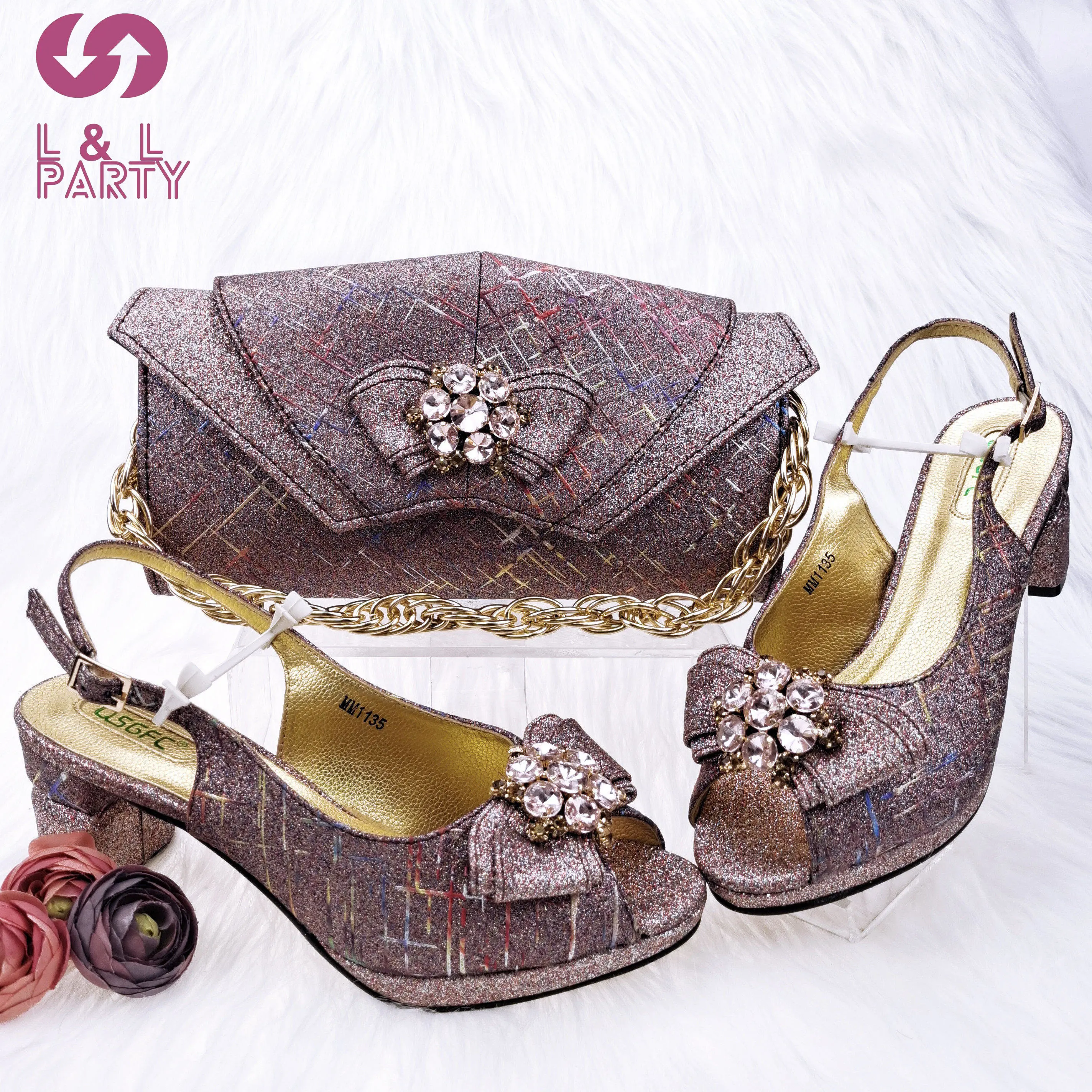 

2023 Popular New Design African Women Shoes and Bag to Match in Orange Color Mature Style with Shinning Crystal for Party