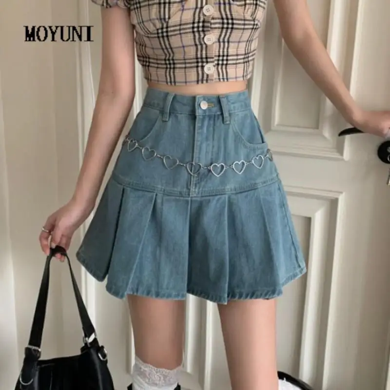 

Casual Denim Mini Skirt Women Summer 2021 High-Waiste Harajuku Y2k Pleated Skirt Blue Japanese Korean Style Fashion Clothing New