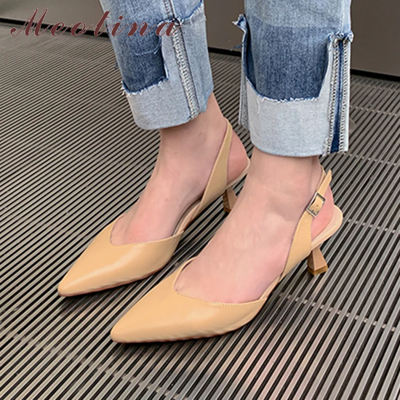 

Meotina Women Genuine Leather Slingbacks Pumps Pointed Toe Thin High Heels Buckle Ladies Concise Fashion Career Shoes Summer 40