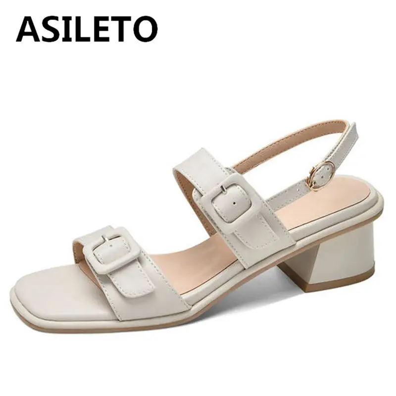 

ASILETO 2022 Women Sandals Square Toe Block Heels Buckle Straps Rubber Sole Concise Big Size 33-43 Solid Beige Apricot S3696