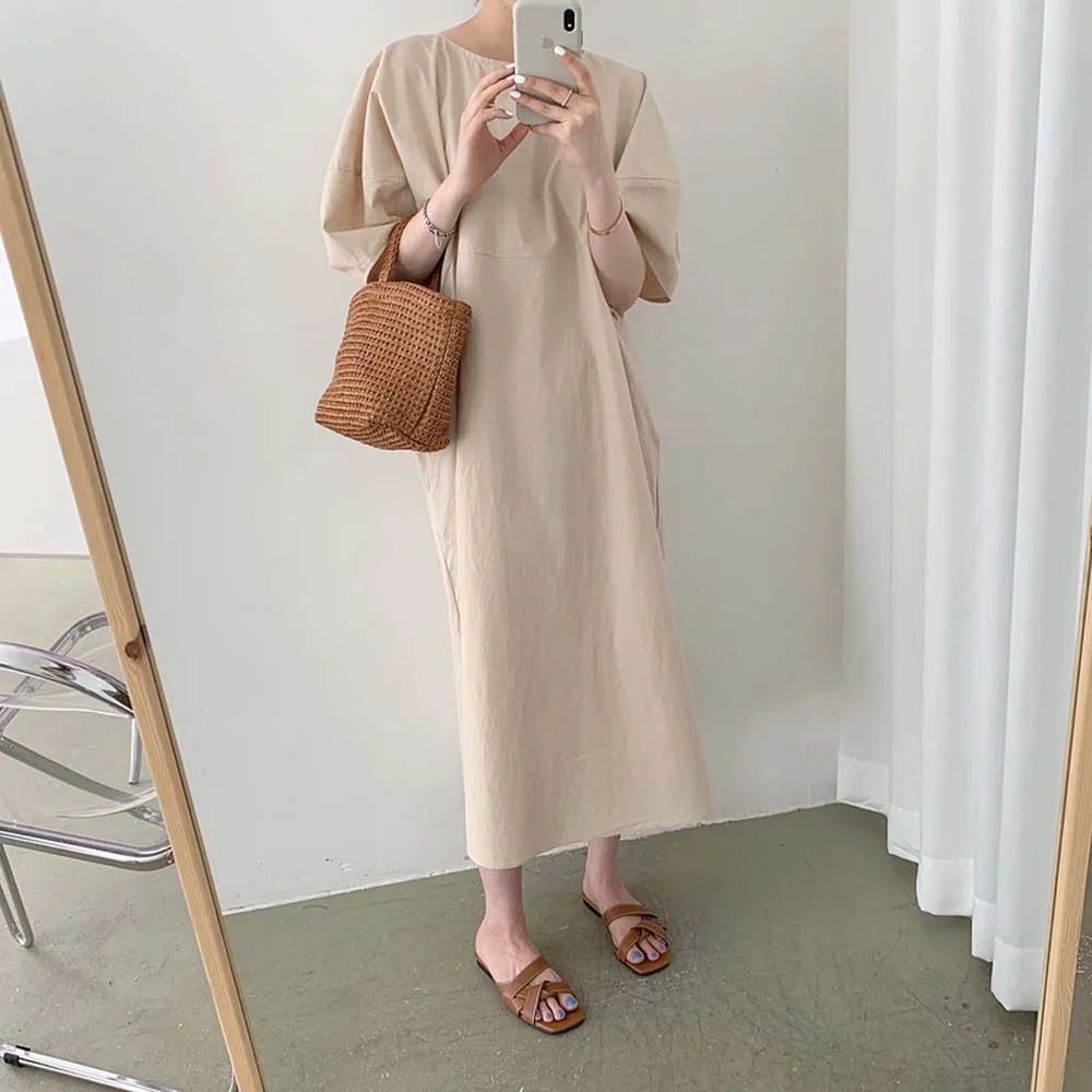 

Повседневное женское платье в Корейском стиле, минималистское элегантное шикарное однотонное свободное Дамское Платье для отдыха с коротк...