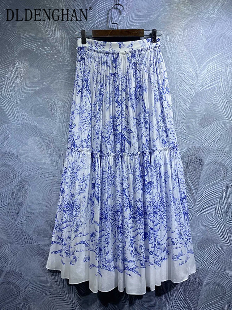 DLDENGHAN Spring Summer Women 100% Cotton Skirt High Waist Blue Flowers Print Vintage Party Long Skirt Fashion Designer New