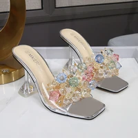 plus size 35 46 womans catwalk sandals crystal flower thin heel slides sexy pumps for woman party shoes summer women slippers