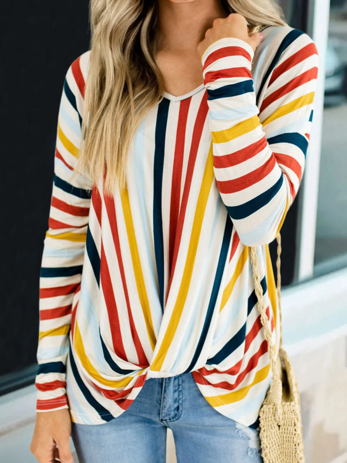 

Colorful Striped Twist Long Sleeve Blouse 2023 Autumn Retro Women Casual Harajuku Streetwear Comfy Fashion Commuter Party Tops
