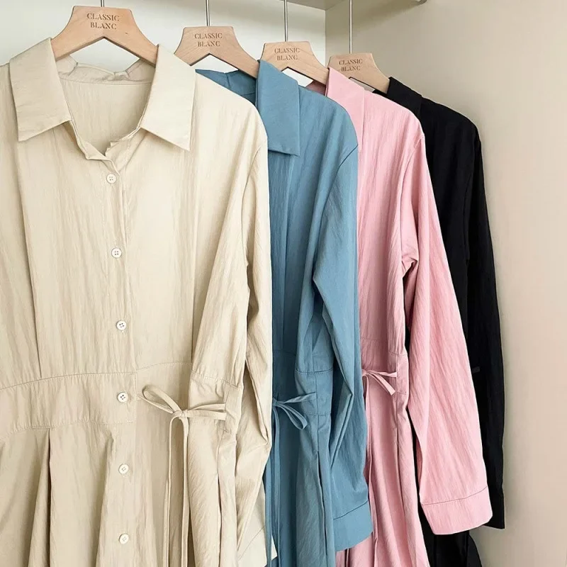 Элегантное осеннее однобортное платье-рубашка в корейском стиле повседневный