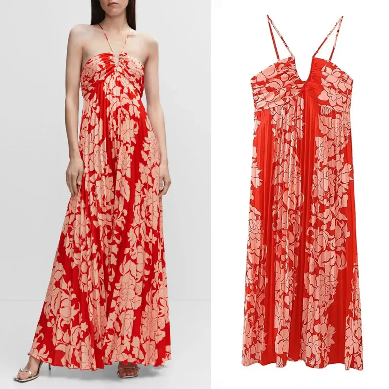 

TRAF Red Printing Long Dress Elegant Party Dresses For Women 2023 Sexy Halter Neckline Female Pleats Long One-Piece Dress Gown