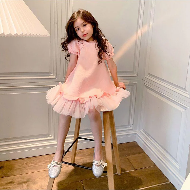 

2023 new Spring and Summer for kids Girl clothes Pink Mesh short sleeve dress Princess dress Teen Children's clothing