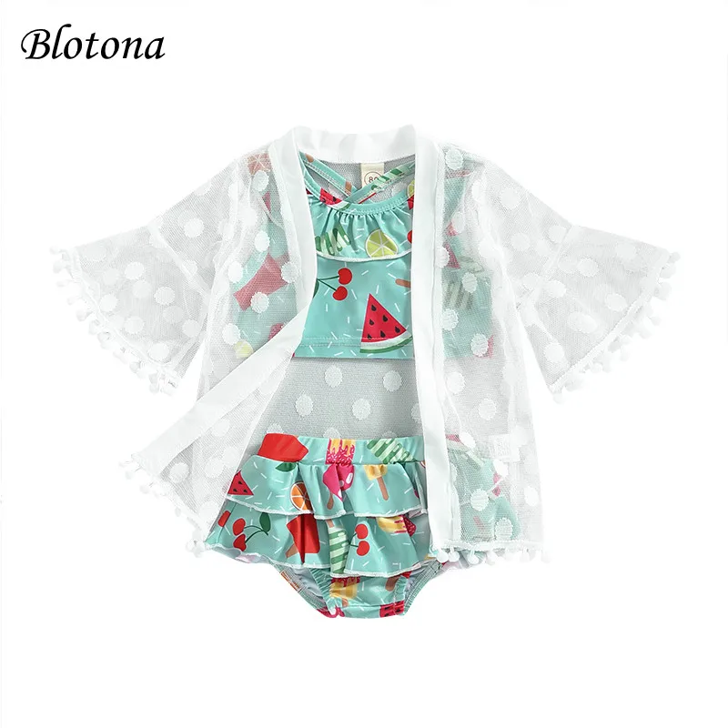 

Blotona Baby Girls Bikini Set, Watermelon Print Ruffled Tops with Briefs and Dots Tasseled See-through Cover-up 3Months-3Years