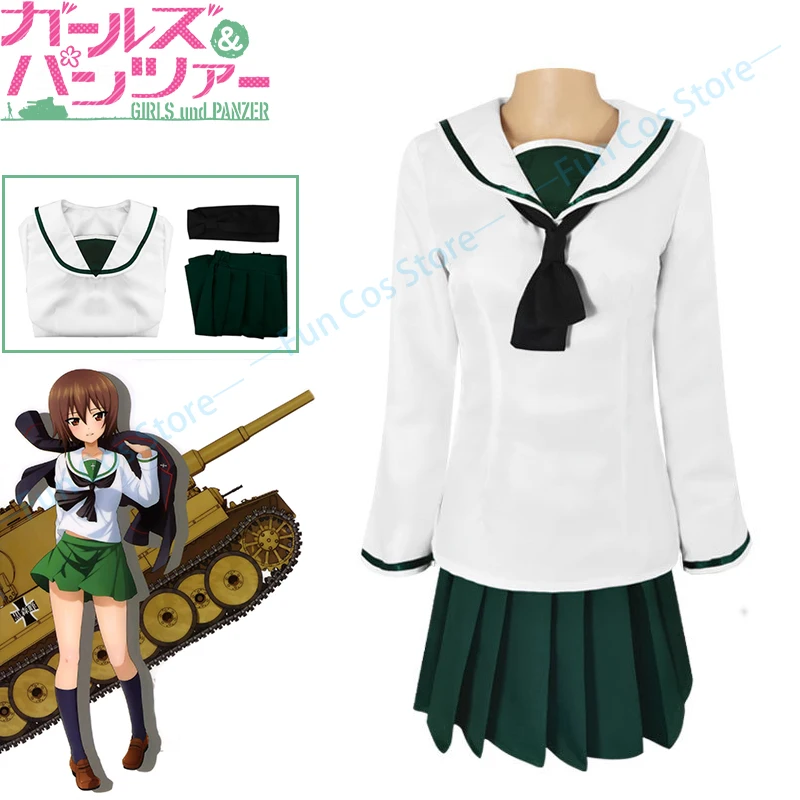 

Anime GIRLS Und PANZER Miho Nishizumi Cosplay Costume Ooarai Girls Academy School JK Uniform Sailor Suit White Shirt Green Skirt