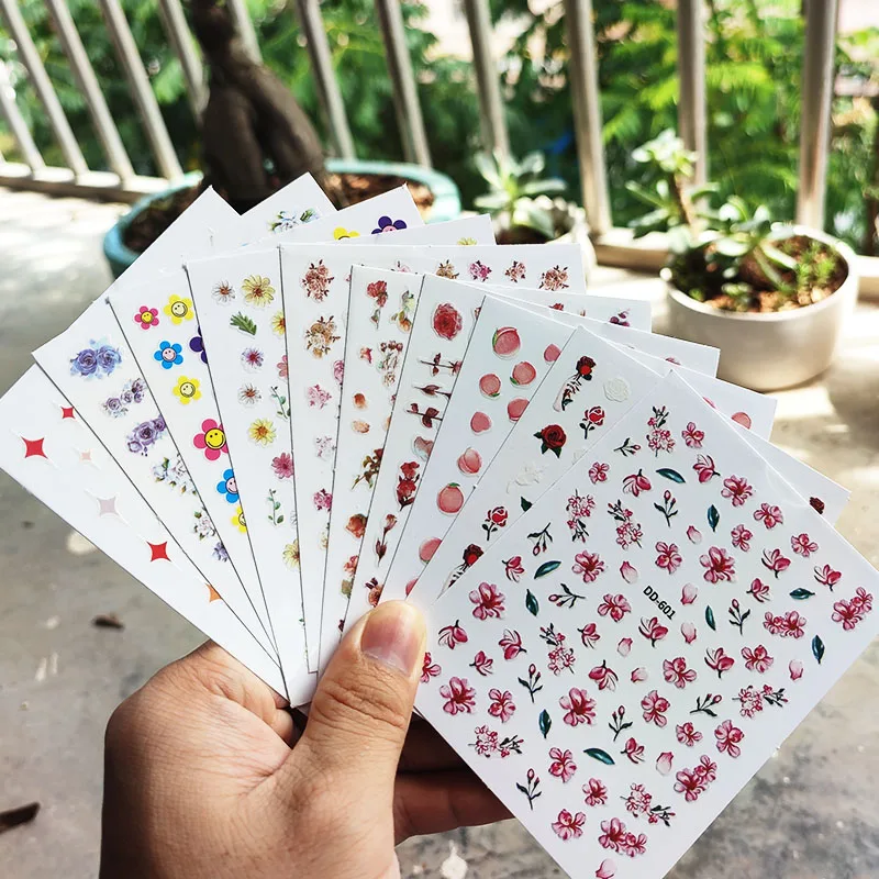 

10 шт. 3D наклейки для ногтей на заднюю поверхность цветные синие белые маникюрные весенние цветочные переводные наклейки слайдер для дизайн...