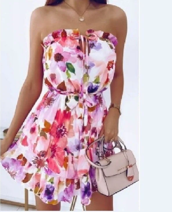 

Повседневное элегантное пикантное облегающее платье с принтом, платье без бретелек с воротником-стойкой и поясом, платье без рукавов с оборками и принтом, 2023