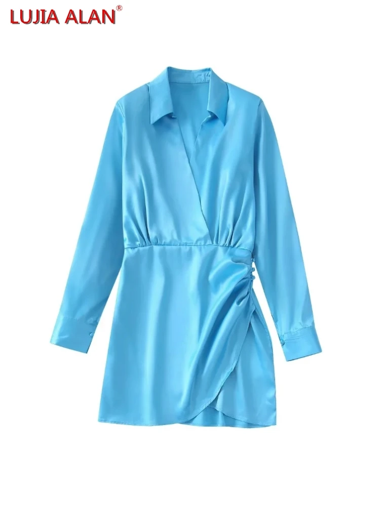 

Плиссированное дизайнерское атласное женское платье, женское мини-платье с длинным рукавом, элегантная уличная одежда, LUJIA ALAN WD315