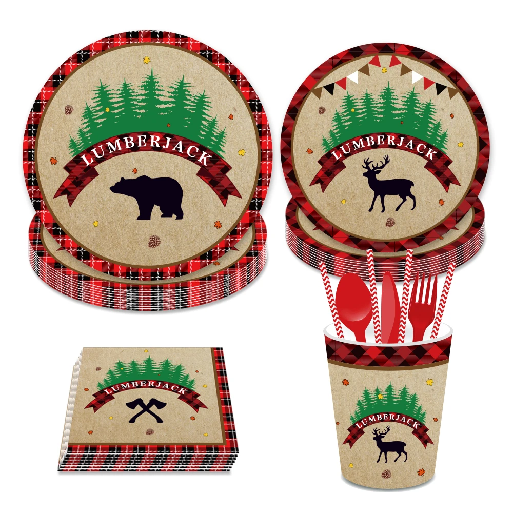 

Cool Lumberjack Cartoon Deer Christmas Happy Birthday Party Disposable Tableware Sets Plates Cups Xmas Party Decorations
