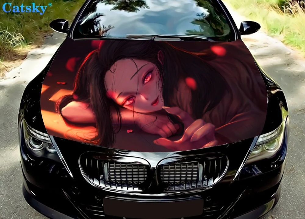 

Japanese Themed Anime Demon Slayer Red and Black Car Hood Wrap Vinyl Sticker Full Color Car Accessorie Graphic Side Bonnet Decal
