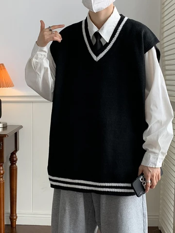 Mafokuwz Японский ретро жилет с V-образным вырезом для мужчин и женщин Модный преппи оверсайз свитер без рукавов винтажный преппи полосатый вязаный жилет для пар