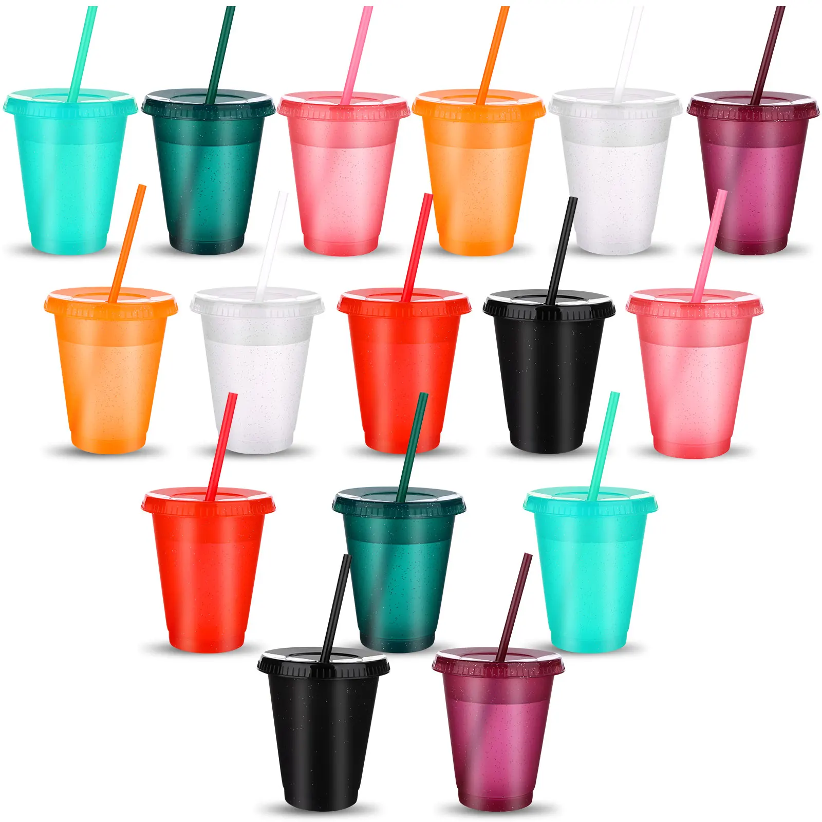 

16 Pieces Reusable Cups with Lids and Straws 16 oz Glitter Iced Coffee Tumbler Plastic Travel Mug Cup for Smoothie Juices Partie