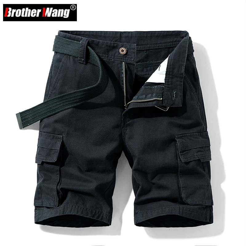 

Summer Classic Men's Fitted Cargo Shorts Multiple Pockets Fashion Casual 100% Cotton Solid Color Shorts Male Khaki Black Grey