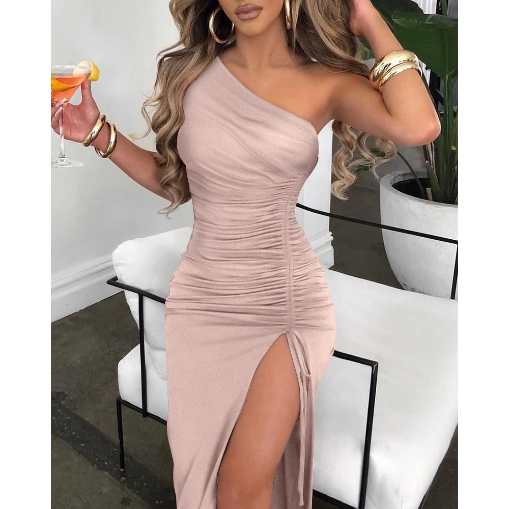 

2022 Summer Fashion New Sexy Off Shoulder Dress Women Fashion Drawstring Ruched High Slit Dress Women