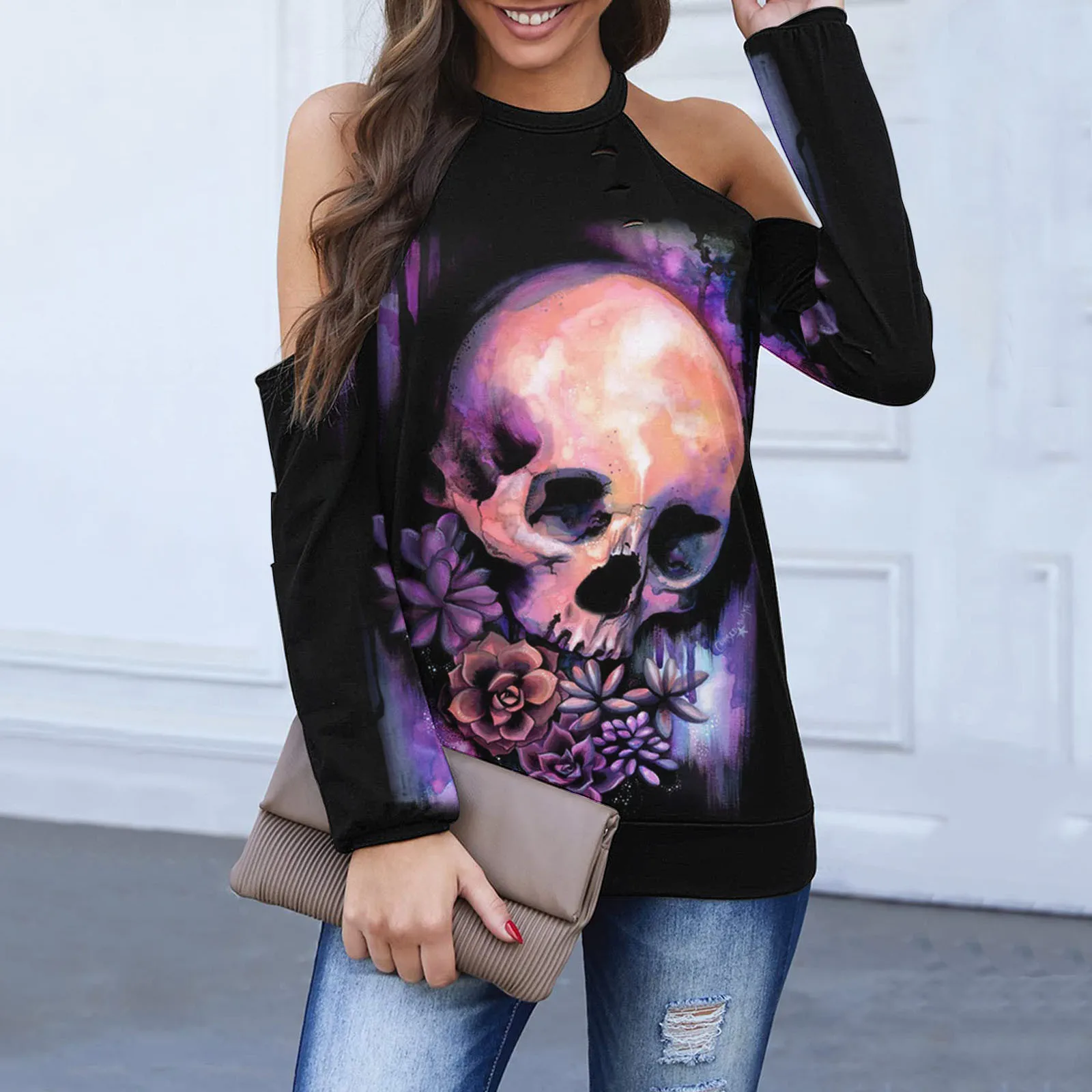 

Tops For Women Casual Halloween Prints Sweatshirt Loose Cold Shoulder Tops Halter Neck Hollowed Out Pretty Weights Print Jacket