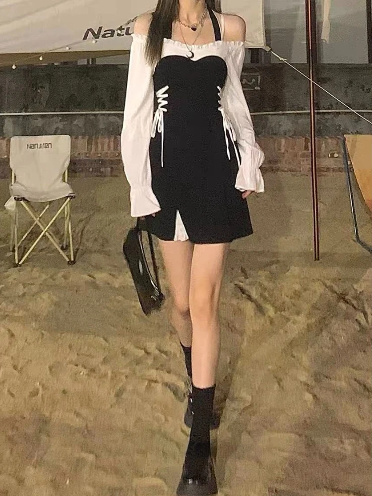 

Korean Fashion Y2k Mini Dress Woman Short Party 2022 Spring Puff Sleeve Sexy Starp Dress Design Casual Elegant Bandage Dress