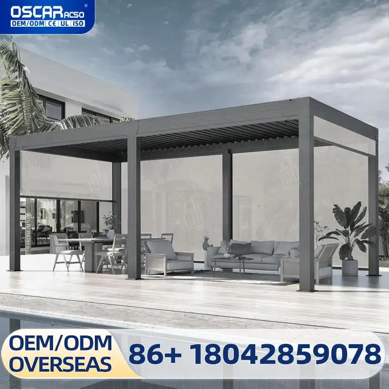 Фото 3x3 3x4 4x4 6x4m оптовая продажа с фабрики современный открытый биоклиматический алюминий с жалюзи с моторизованным экраном для сада, патио, заднего двора №1