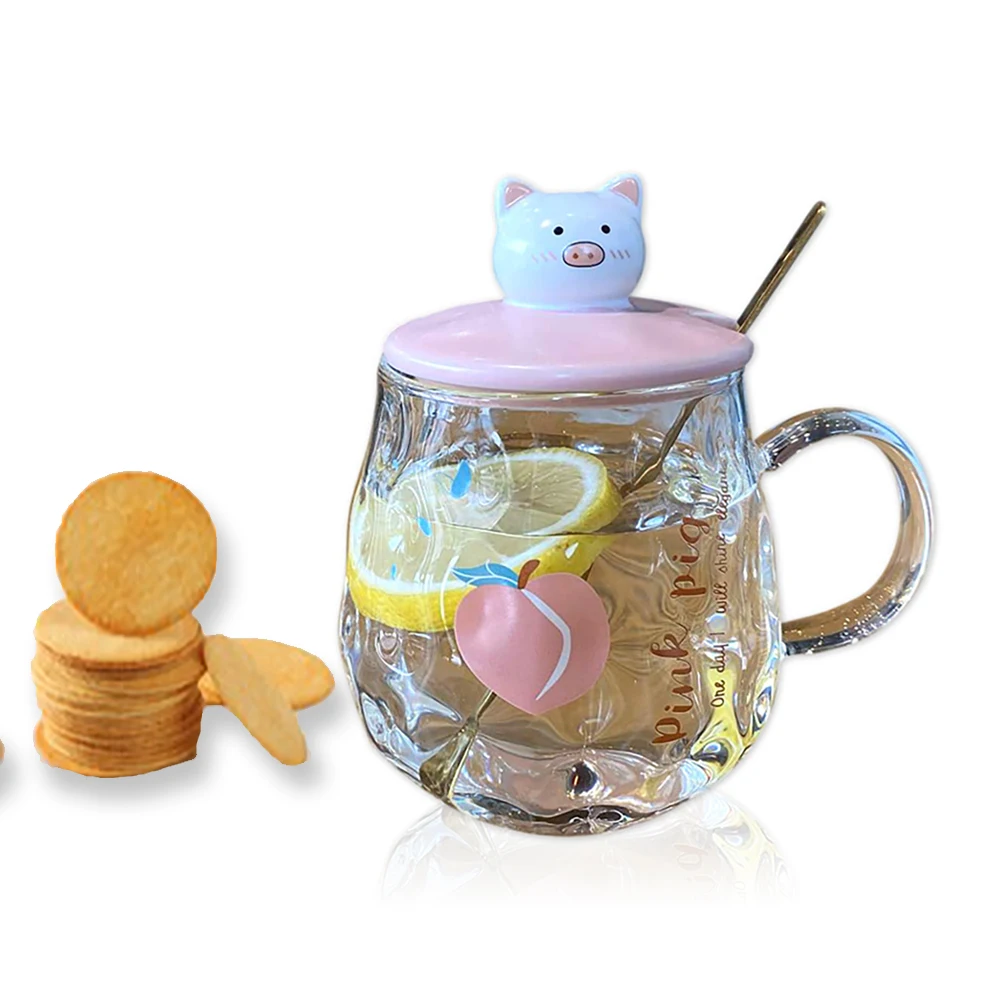 

Heat Resistant Kawaii Piggy & Peach Element Glass Mug with Lid and Spoon Cute Milk Tea Cup Creativity Gift 450ml BL006