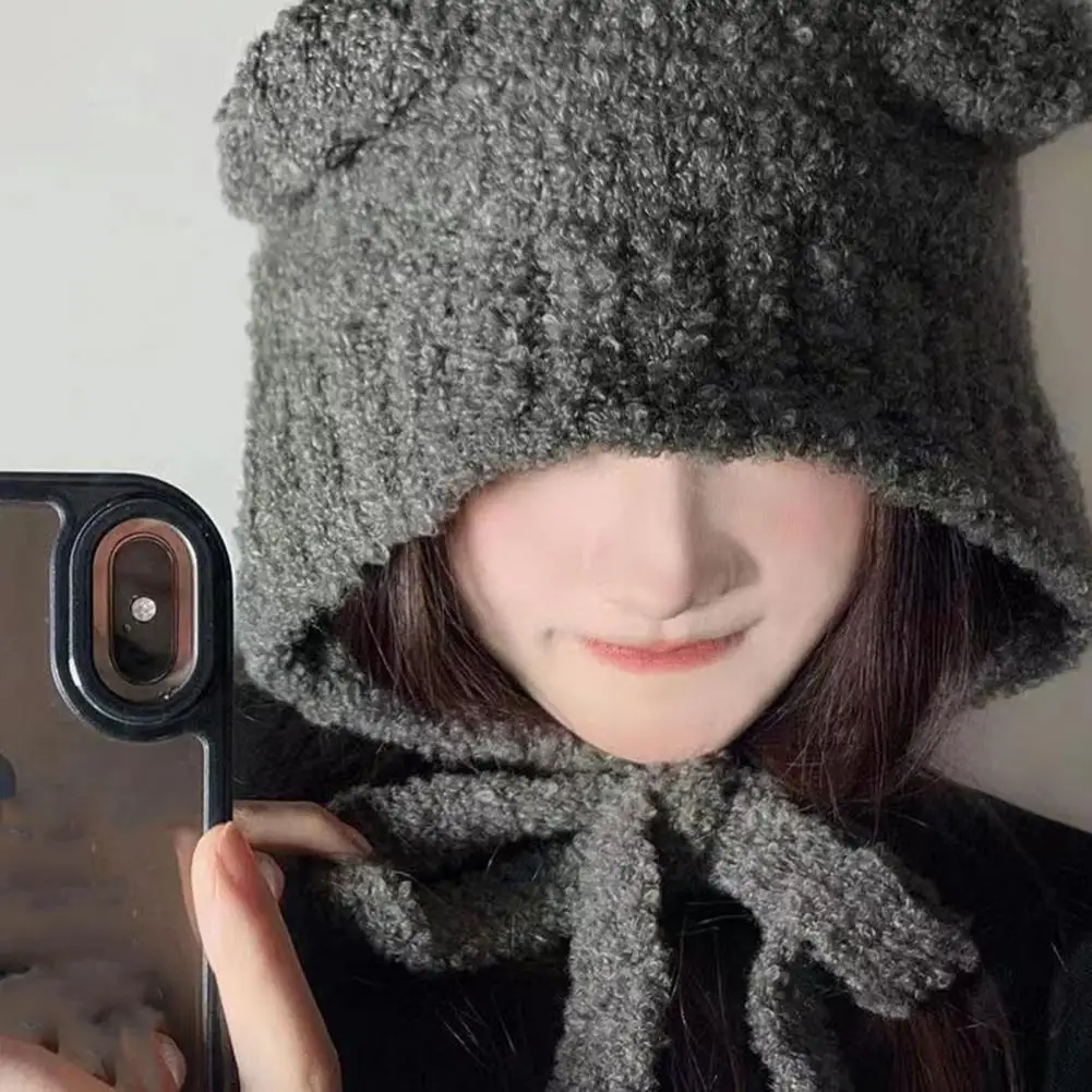 

Solid Color Hat Cozy Knitted Winter Hats Soft Thick Ear Protection with Elastic Cartoon Ear Decor Warm Unisex Couple for Heat
