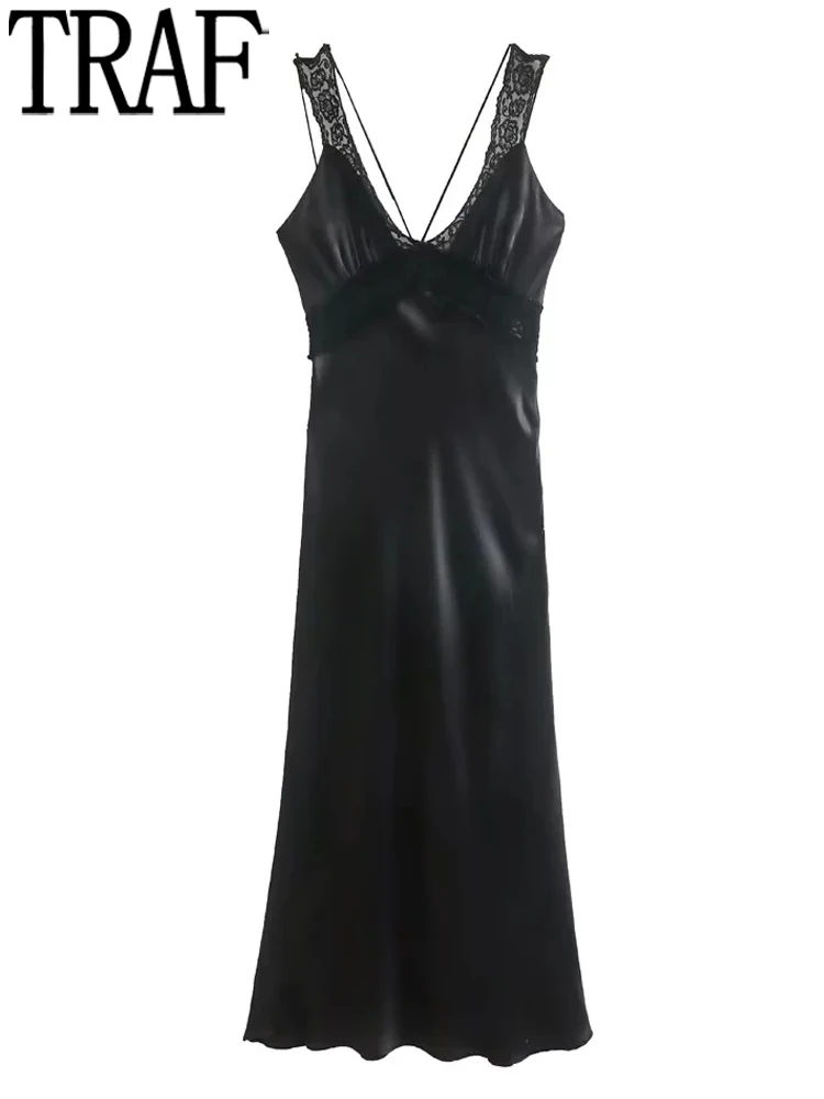 

TRAF Satin Lace Dress Woman Black Long Dress Women 2022 Backless Midi Sexy Party Dresses Women Night Cut Out Evening Dresses