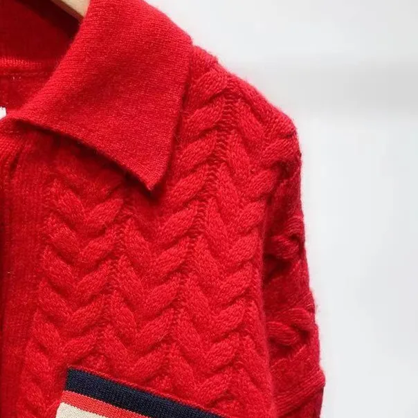 

Women Twist Knit Gold Buckle Single Breasted Sweater Color Patchwork Turn Down Collar Long Sleeve Female Knitted Cardigan