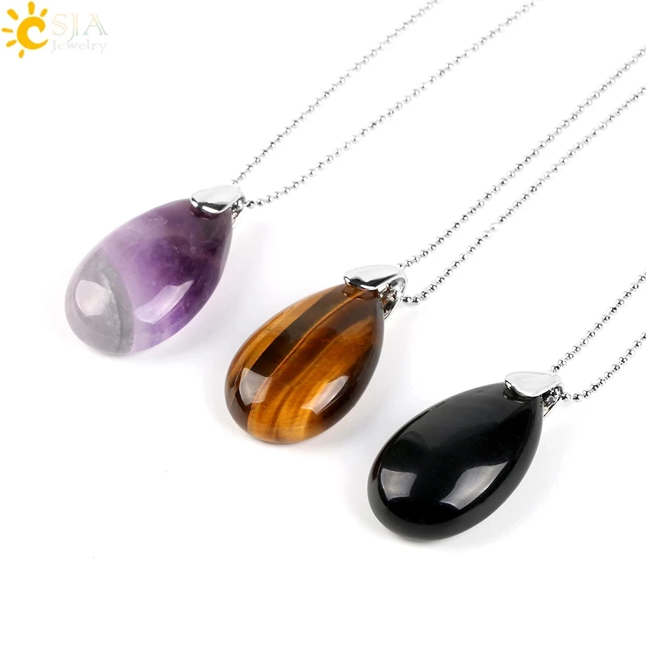 

CSJA Natural Gem Stone Pendant Water Drop Necklaces Pendants Tiger Eye Lapis Lazuli Clear Crystal Opal Healing Jewellery E526