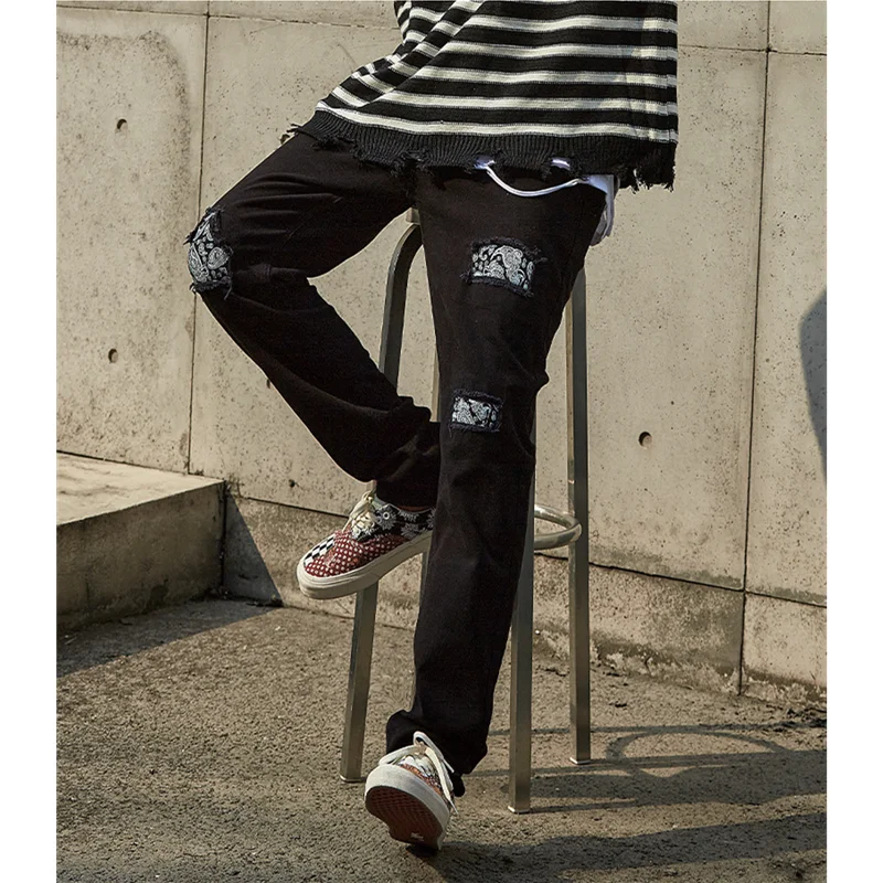 Streetwear Men 2022 Autumn High Street New Pattern Self-cultivation Black Straight Cylinder Recreational Ripped Jeans Female