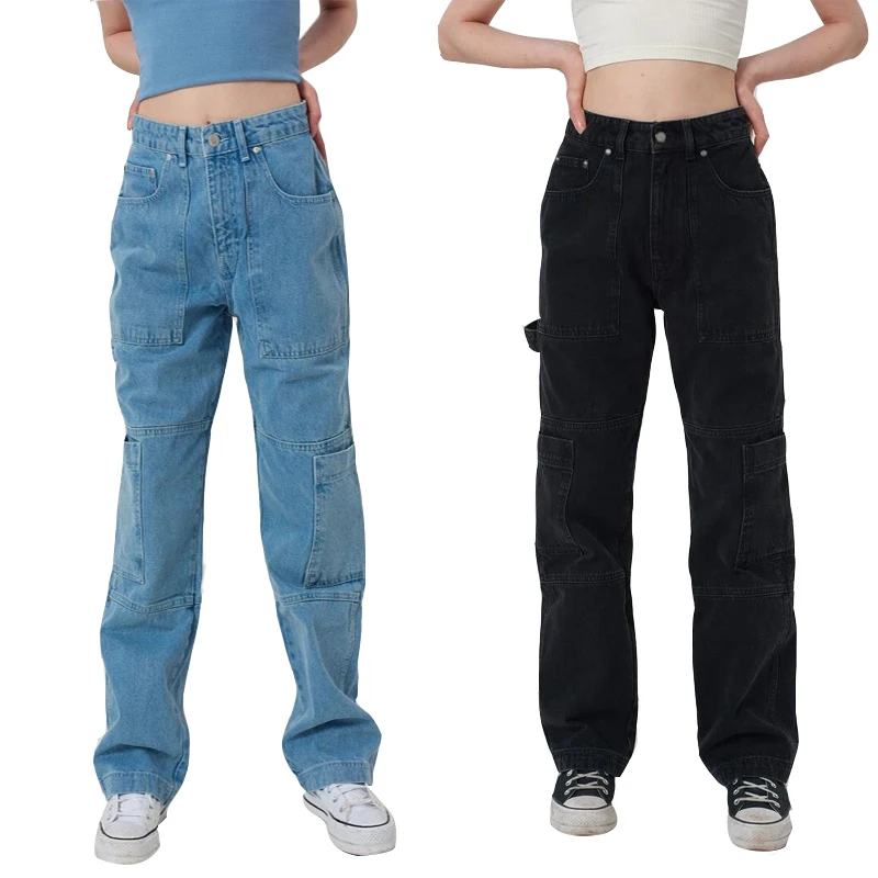

Джинсы женские с высокой талией, прямые мешковатые брюки-карго из денима с карманами, уличная одежда в стиле Харадзюку, джинсы с широкими шт...