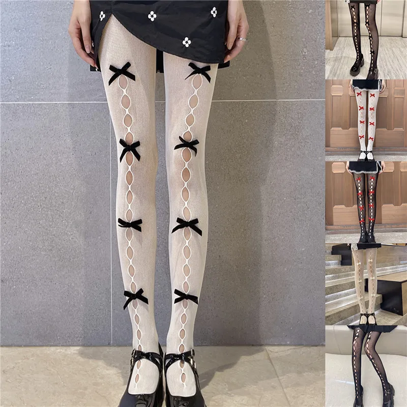 

Новинка 2022, ажурные колготки с бантом, сексуальные тонкие летние и осенние кружевные колготки, черные и белые шелковые чулки в сеточку для ж...