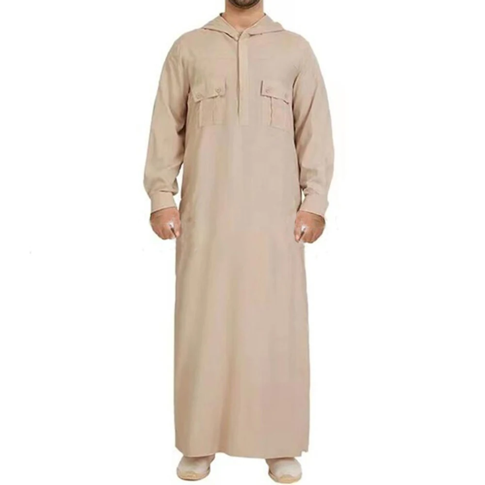 Middle Eastern Ethnic Costumes Muslim Robe Simple Line Male Gentleman Luxury Arabic Islamic Embroidery Hooded Robe