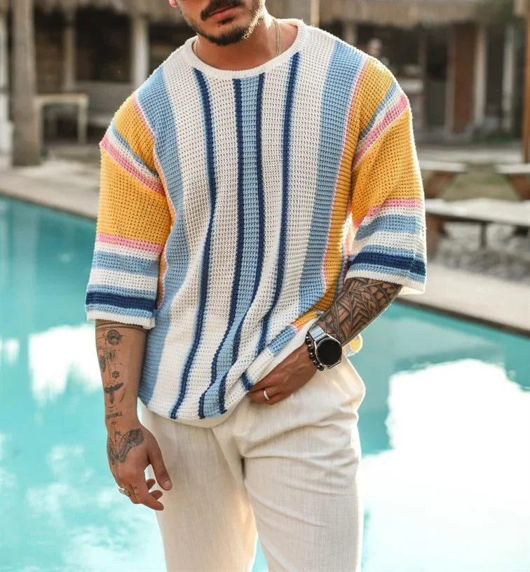 

Striped Knitted Sweater Pullover Mens Tops Fashion O Neck Half Sleeve T Shirt Summer Hollow Loose Vacation Casual Jacquard Tops