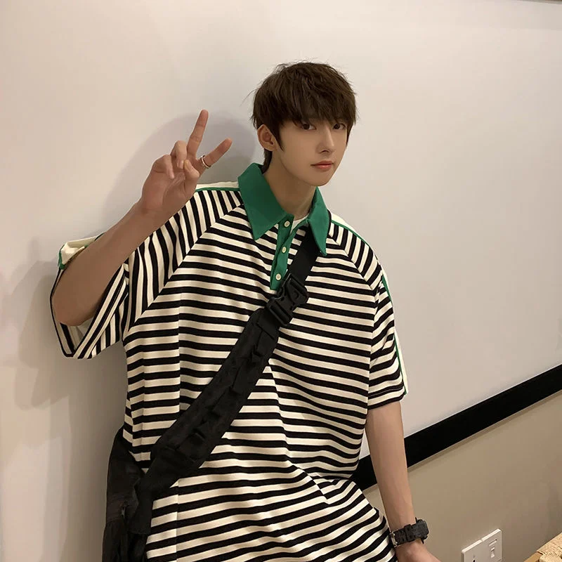 

Мужские летние футболки в полоску с отложным воротником, модная трендовая черная футболка, Свободные повседневные хлопковые футболки боль...