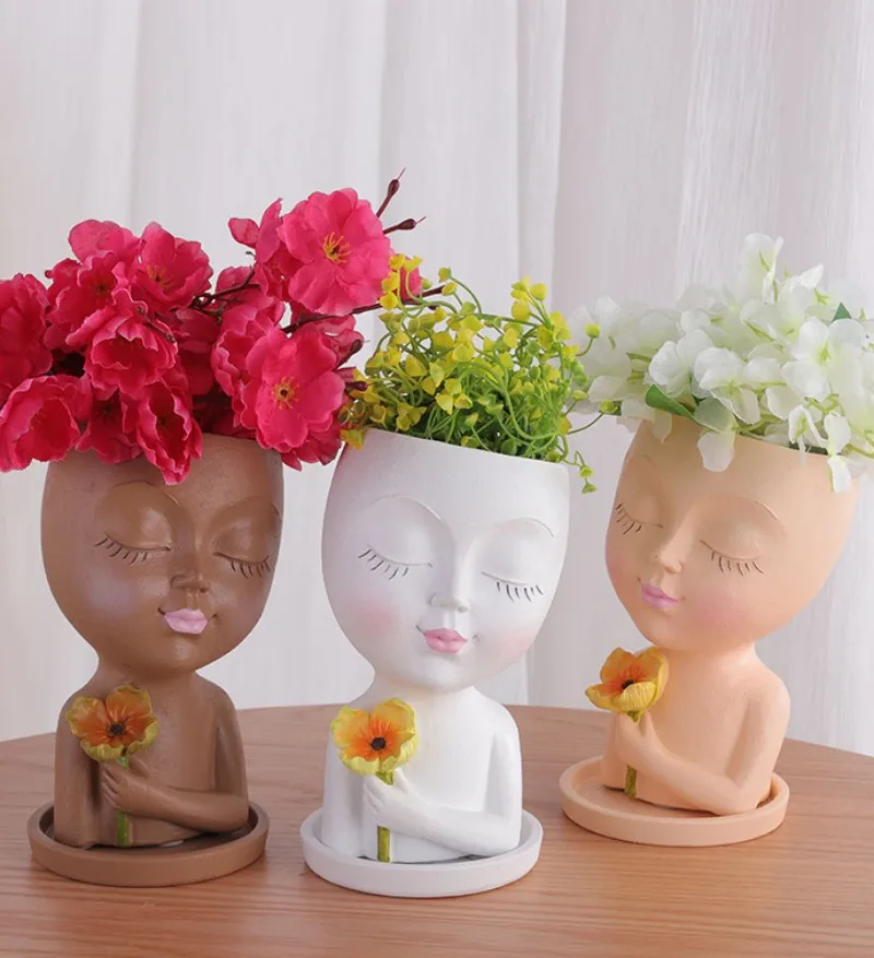 

Girl Face Flower Pot Resin Cactus Succulent Planter Living Room Garden Plants Vase Decoration With Tray