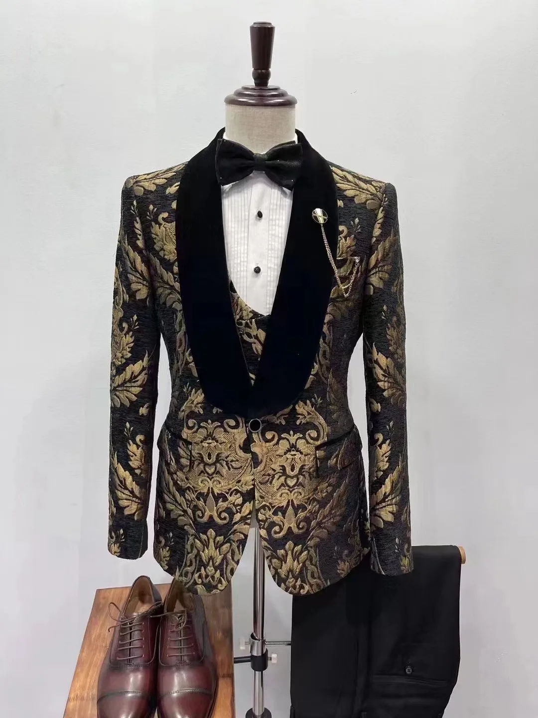 

Custom dark gold jacquard suits men formal wedding groom Party Fashion Tuxedo Prom Blazer man trajes de hombre costume homme 턱시도