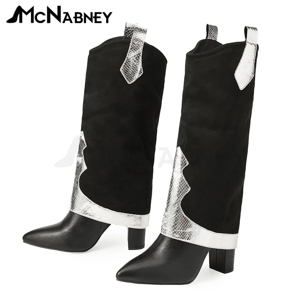 Novelty Chelsea Women Boots Knee Boots Retro Fashion Style Women Shoes Chunky Heels Round Toe High Heels Classics Boots Women