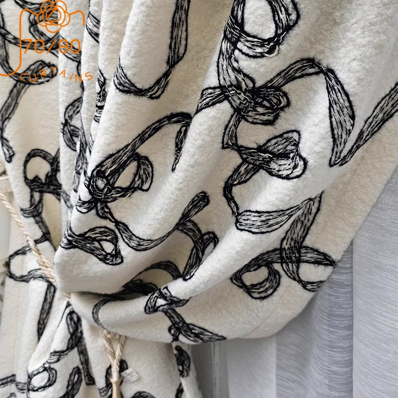 

New Light Luxury White Lamb Fleece Black Line Jacquard Thickened Thermal Curtains Customized for Living Room Bedroom Villa